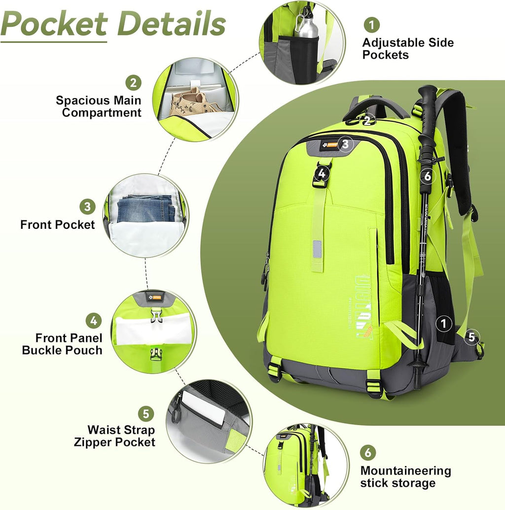 50L Hiking Backpack for Men Women, Waterproof Outdoor Daypack,Green