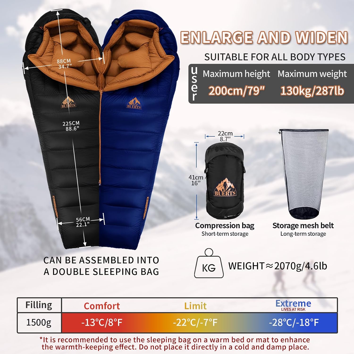 Down Backpacking Sleeping Bag.Cold Weather Sleeping Bag 30°F 20°F 10°F (Multiple Temperature Options), XL Large 4 Season Sleeping Bag for Adults Camping Hiking Mountaineering