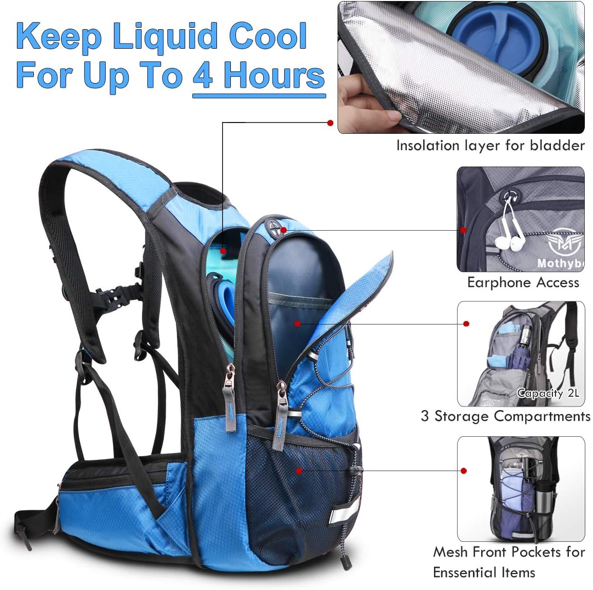 Mothybot Hydration Pack, Insulated Hydration Backpack with 2L BPA Free Water Bladder and Storage, Hiking Backpack for Men, Women, Kids for Running, Cycling, Camping - Keep Liquid Cool up to 5 Hours