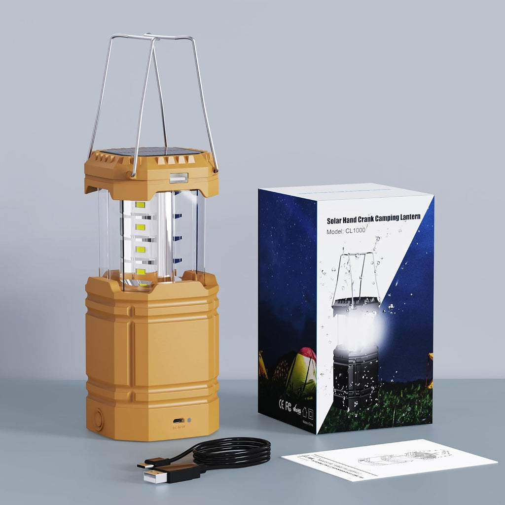 Electric LED Camping Lantern, Portable 3000mAh Solar Hand Crank Flashlight