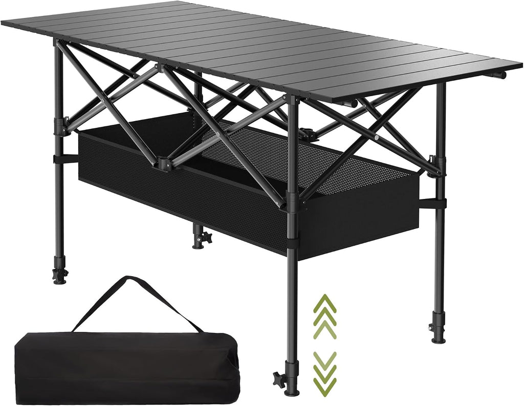 4FT Folding Camping Table,Portable Roll-up Picnic Table with Carry Bag & Mesh Storage,Lightweight Camp Table for Camping,Picnic,Backyard,Party,Patio,BBQ