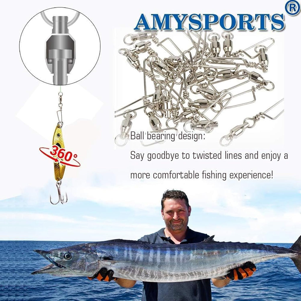 AMYSPORTS High Strength Fishing Snap Swivels - Stainless Steel Ball Bearing Swivels - Saltwater & Freshwater Fishing