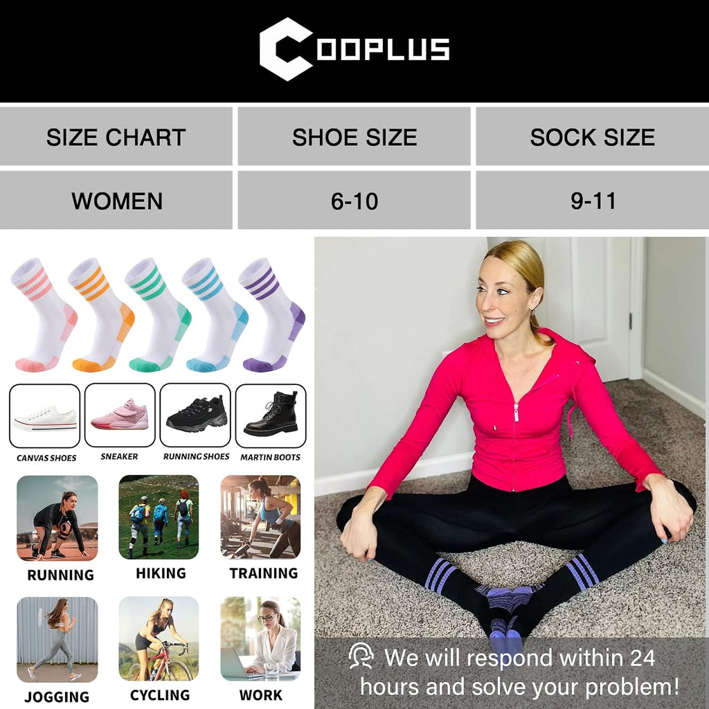COOPLUS Womens Athletic Crew Socks Cushioned Cotton Wicking Outdoor Recreation Sports Calf Socks 5 Pairs