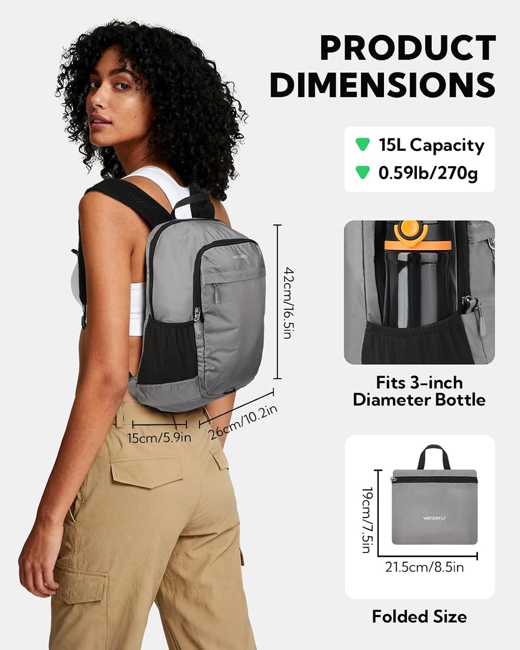 WATERFLY Small Packable Travel Backpack: 15L Lightweight Hiking Daypack
