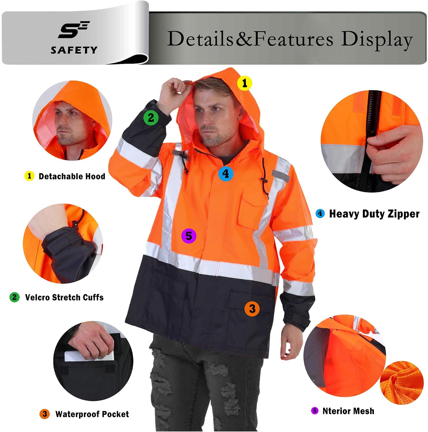 sesafety Hi Vis Rain Jacket, Rain Suits for Men Waterproof withBlack Bottom