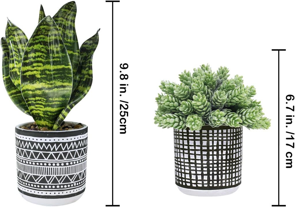 Winlyn 3 Pcs Small Potted Plants Artificial Succulents Hanging Plants and Faux Tropical Snake Plant in Black Geometric Pots for Modern Home Kitchen Windowsill Table Shelf Indoor Outdoor Greenery Decor
