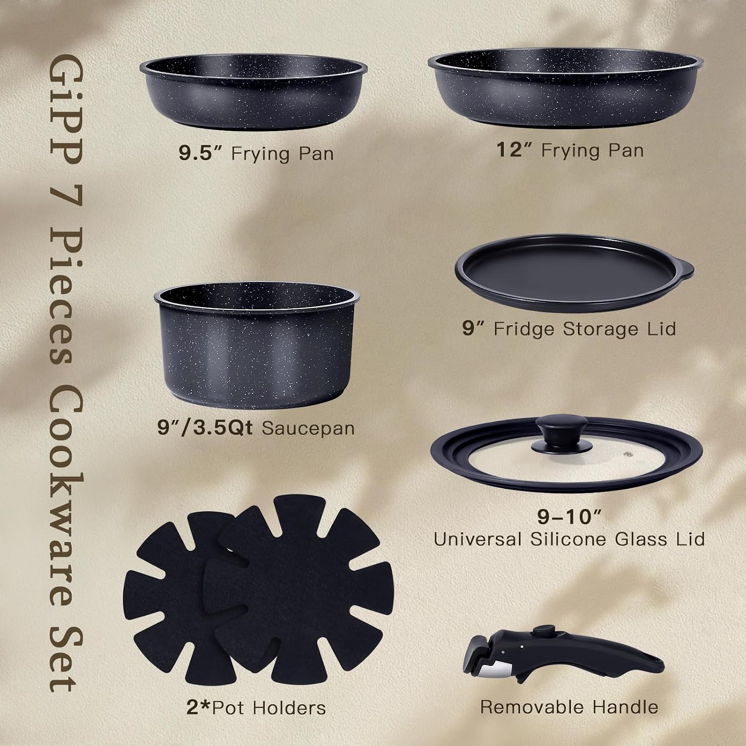 GiPP Ceramic Pots and Pans Set Non Stick, Nonstick Detachable Handle Cookware Sets, Healthy Non Toxic PFAS PFOA & PTFE Free, Dishwasher ＆Oven Safe, Induction Kitchen Pot and Pan, 8 Piece Grey