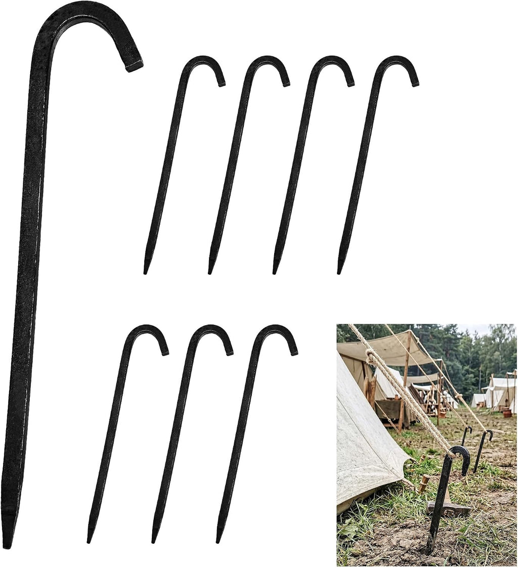Hand Forged Iron Tent Stakes, 10 Inch Heavy Duty Tent Pegs, 8 Pcs Camping Stakes for Tents, Shelters, Tarps and Reenactments