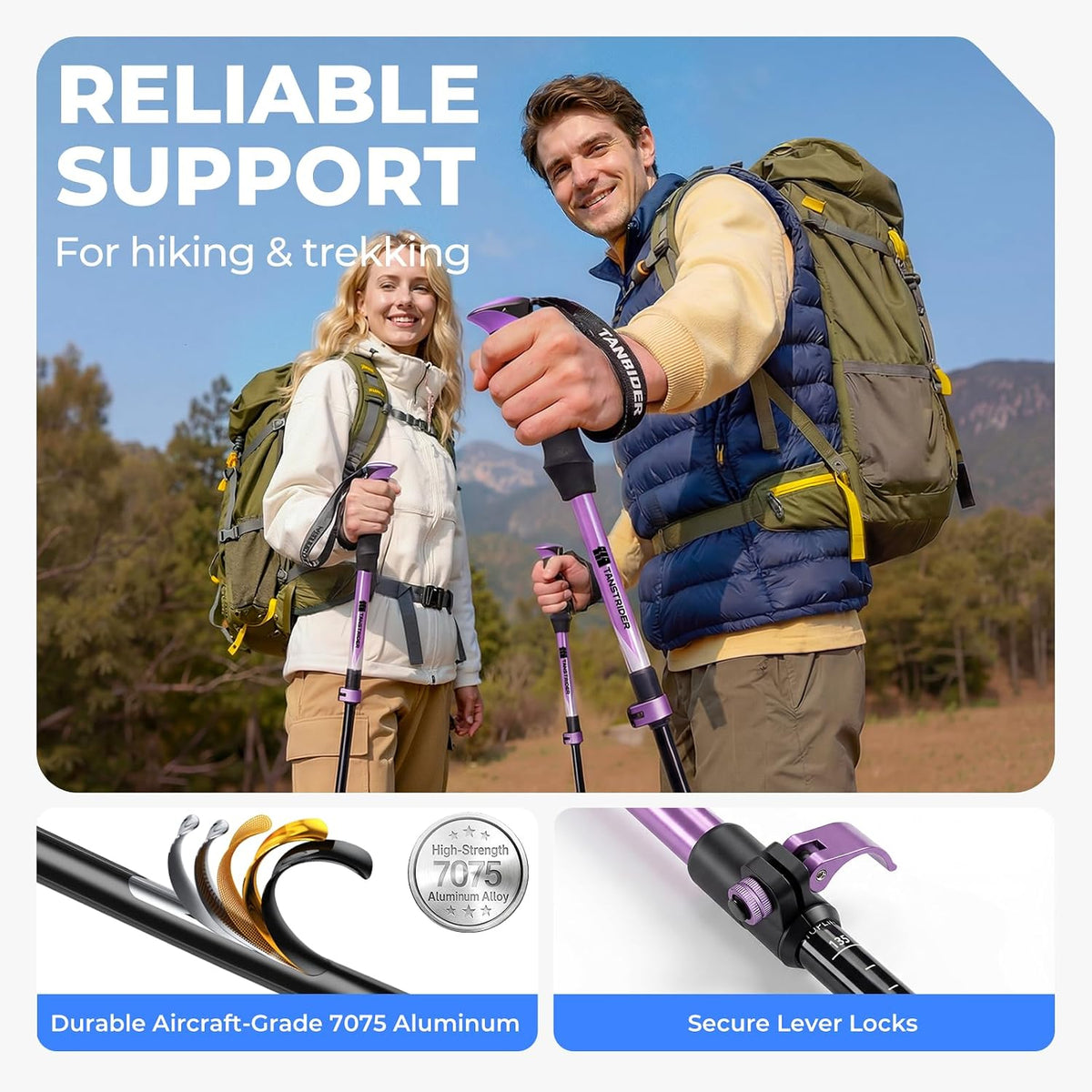Trekking Poles for Hiking - Collapsible Lightweight 7075 Aluminum Hiking Poles (9.5 oz), EVA Grip Tri-Fold Walking Sticks for Seniors, Men & Women, Adjustable 43-53" (Set of 2)