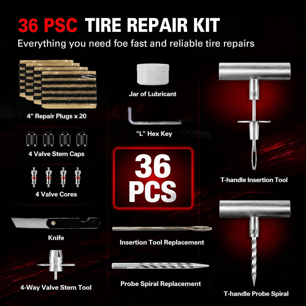 CKAuto 36 pcs Universal Tire Repair Kit with Plugs Heavy Duty Professional