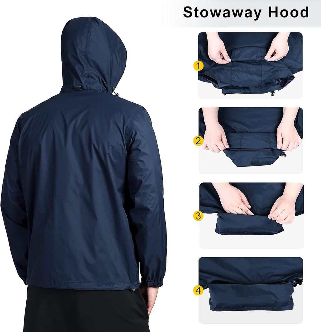 Outdoor Ventures Men's Rain Jacket Waterproof Lightweight Packable Raincoat