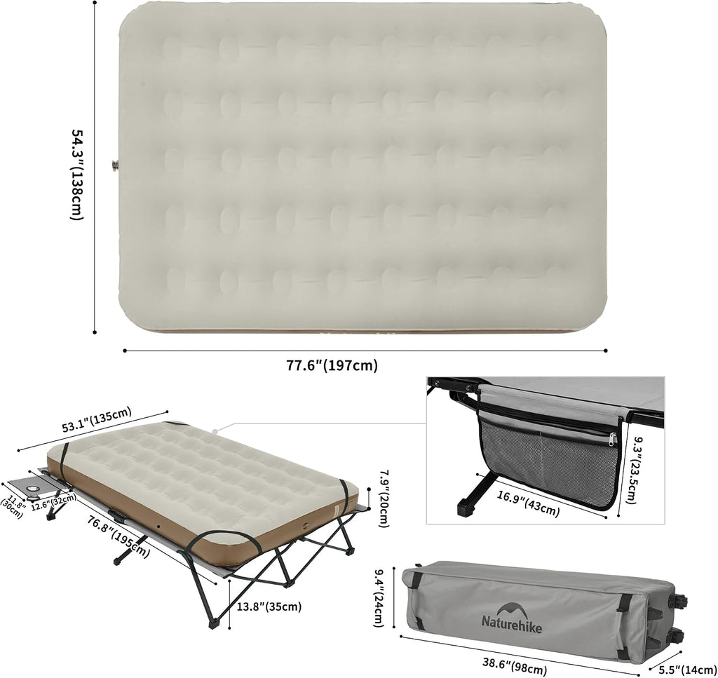 Naturehike Queen-Sized Airbed Cot Combo, Folding 2 Person Camping Cot with Air Mattress, Side Table and Wheeled Carry Bag, Camping Bed for Outdoor Camp Guests (Pump Not Included)