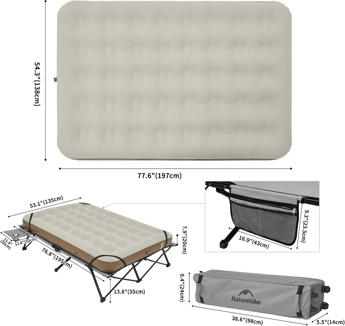 Naturehike Queen-Sized Airbed Cot Combo, Folding 2 Person Camping Cot with Air Mattress, Side Table and Wheeled Carry Bag, Camping Bed for Outdoor Camp Guests (Pump Not Included)