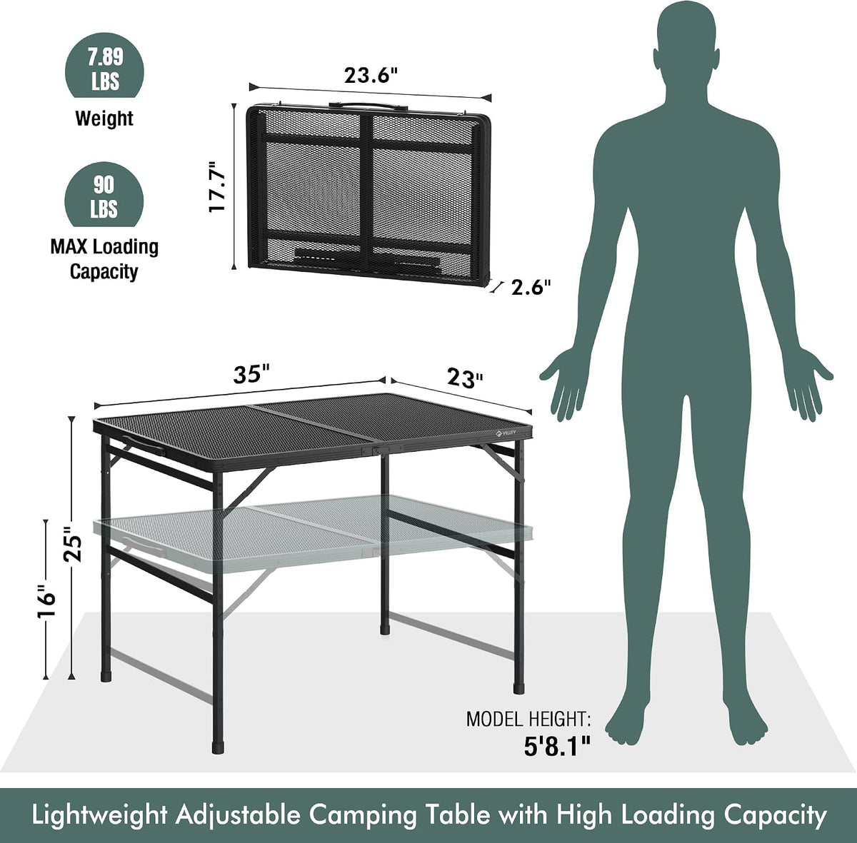 VILLEY 3ft Folding Camping Table, Aluminum Grill Table with Adjustable Legs