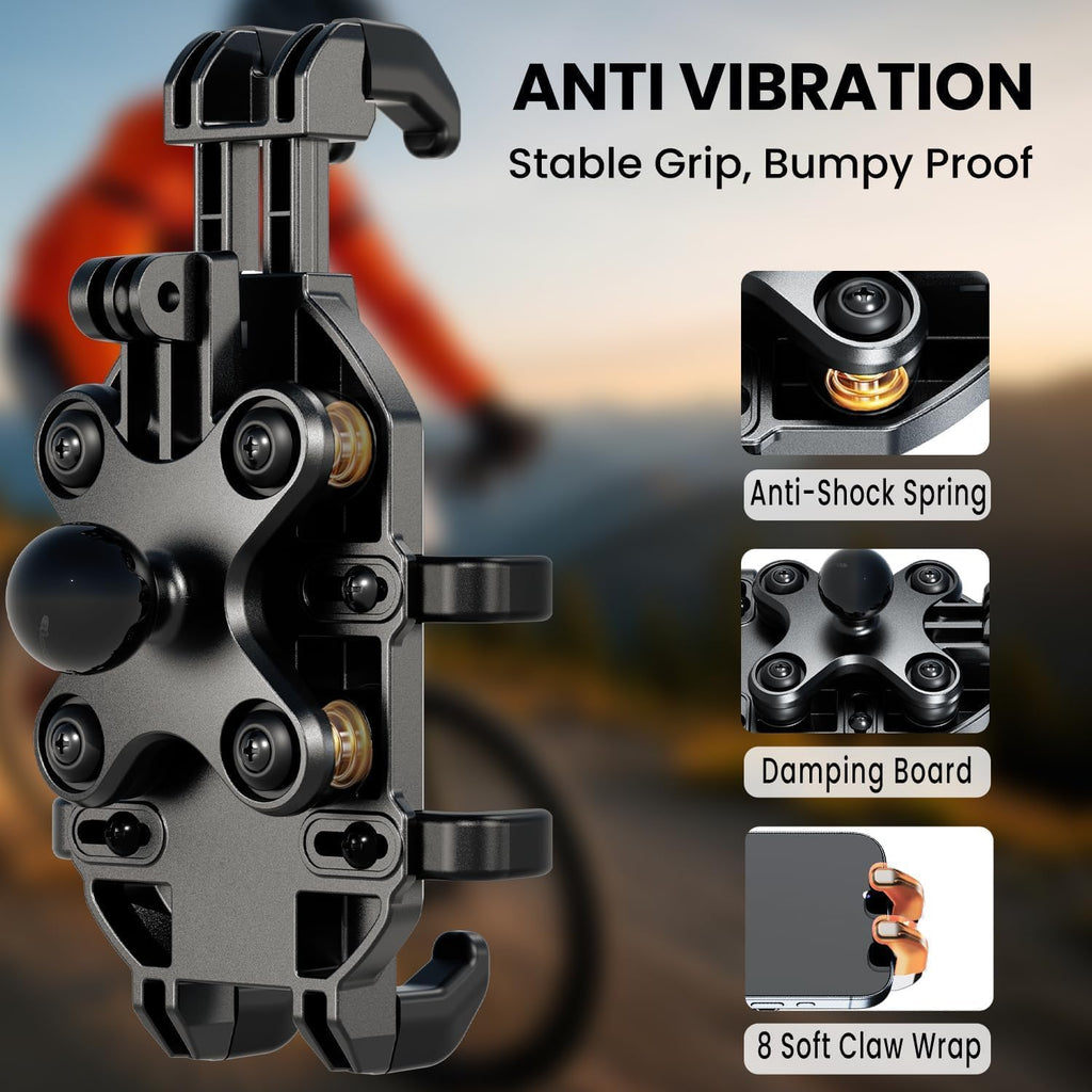Motorcycle Phone Mount Holder with Vibration Dampener Anti-Shake 720° Adjustable for iPhone 16 Pro Max for Samsung 5.4''-6.9'' Phone Anti-Theft Dirt Bikes(Clamp Base 0.47-1.77" Handlebar)