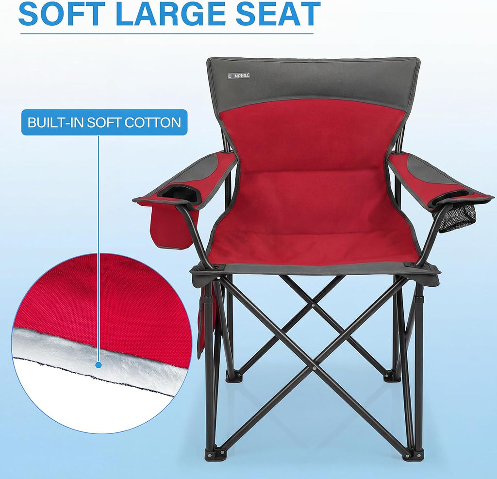 Oversized Camping Chair for Adults - 2 Pack Padded Lawn Chairs with Cup Holder & Side Pocket,Heavy Duty Folding Outdoor Chairs for Camp,Sports,Picnic,Beach,Red