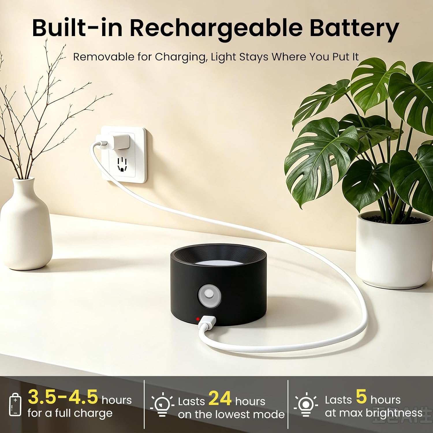 Koopala 2PCS Rechargeable Battery Operated LED Wall Lamps, Wall Mounted Lights with 3 Brightness 3 Color Temp Removable Charging 360°Rotate Magnetic, Cordless Wall Sconces for Reading Bedside-Black