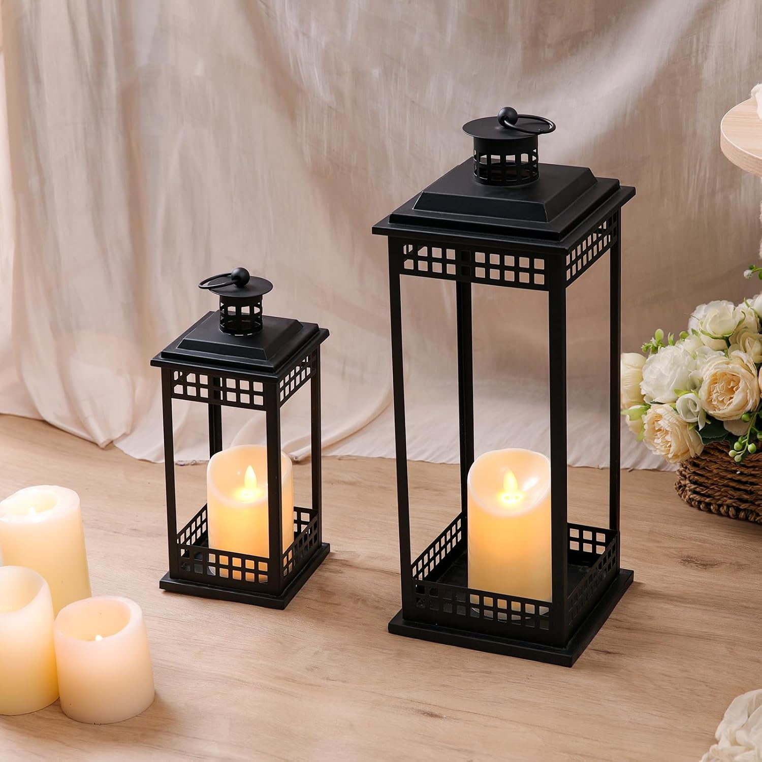 Decorative Candle Lanterns Set of 2, Black Metal for Indoor & Outdoor