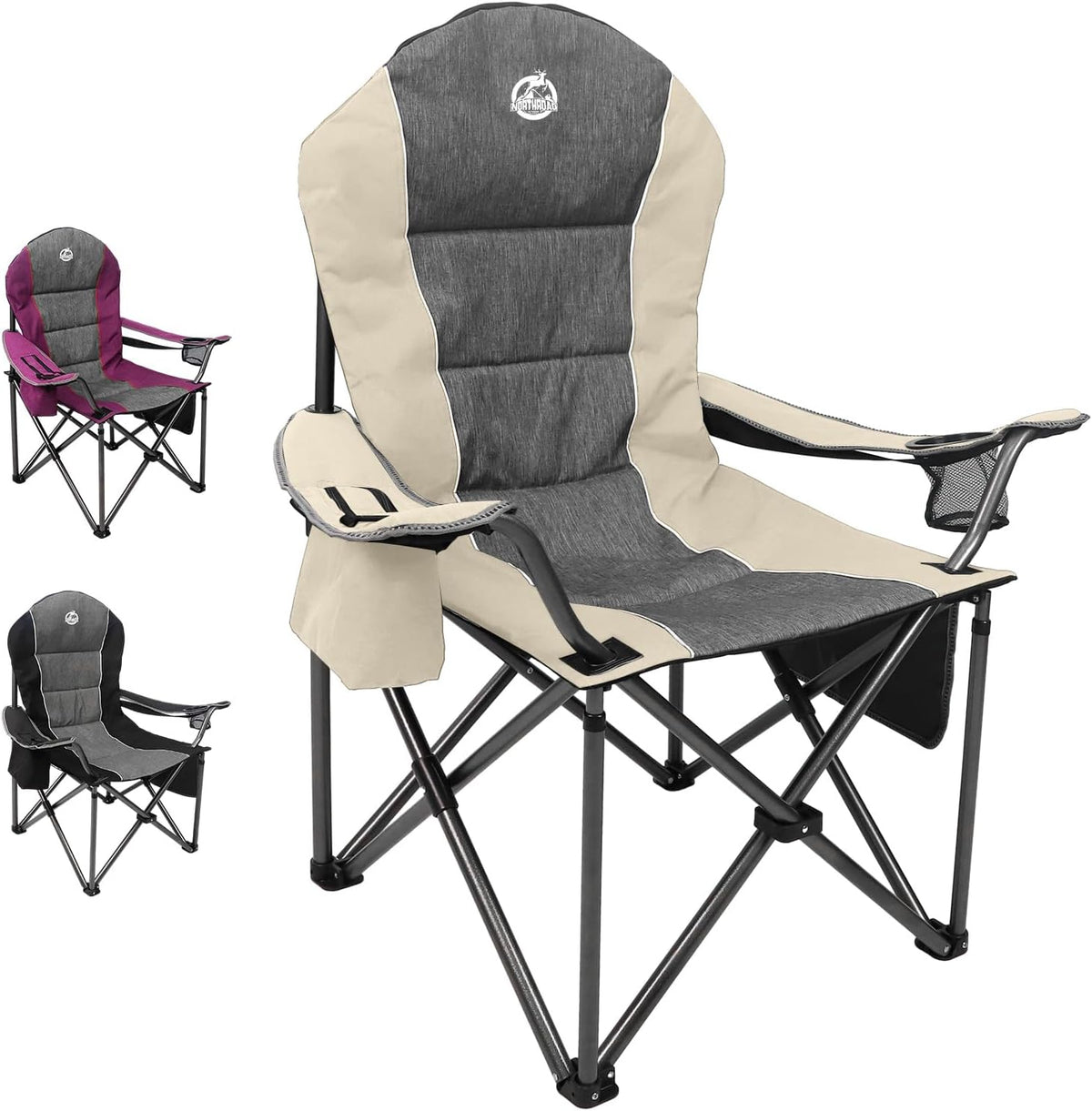 Northroad Oversized Portable Camping Chair, Full Padded Outdoor Folding Chair Support 350 LBS, Heavy Duty Lawn Chair with Cup Holder, Cooler Bag, Lumbar Support, Head Pocket for Adult-Black