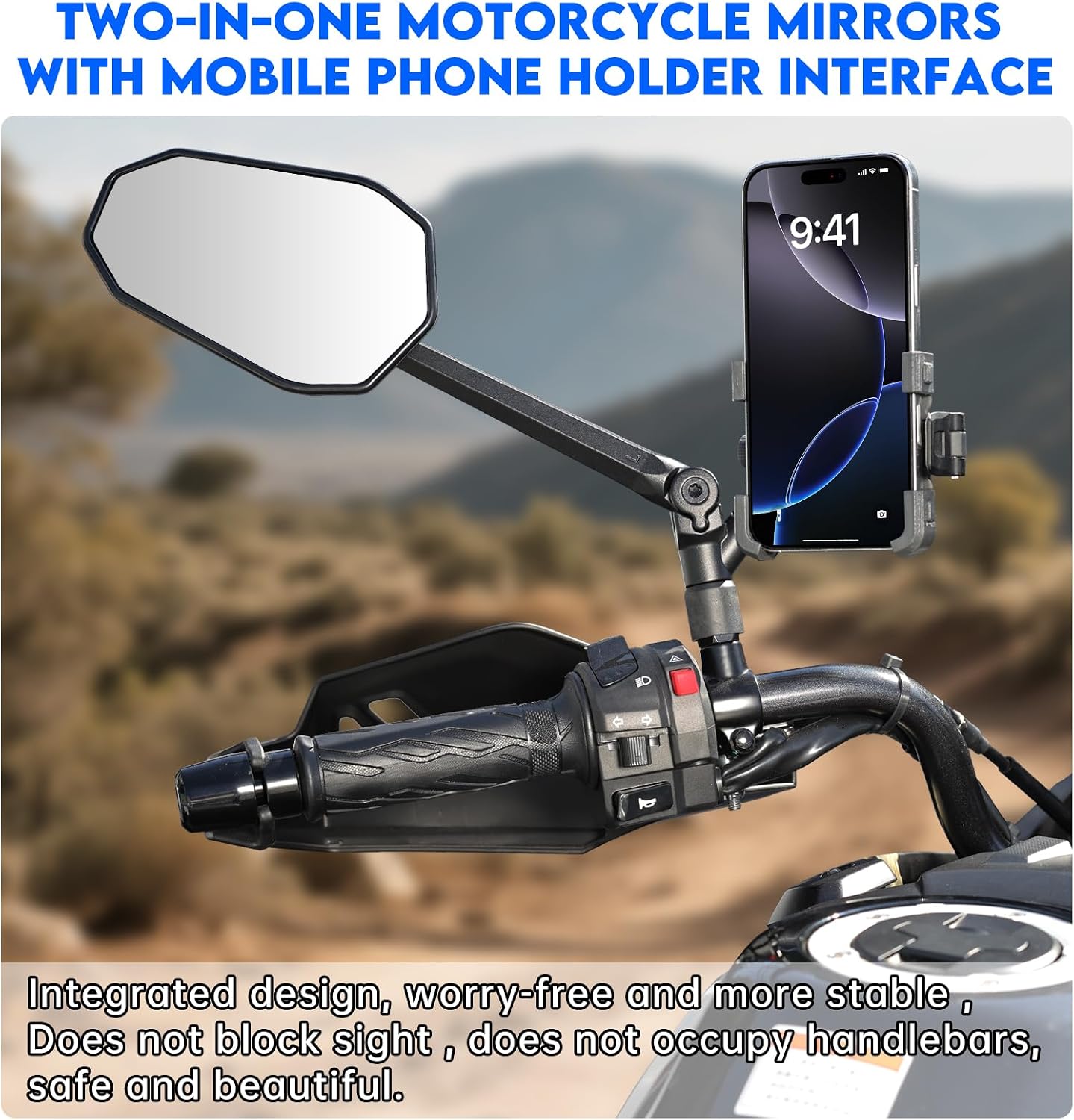 SHEJISI Motorcycle Mirrors for Handlebars, ATV Mirrors Featuring a Phone Mount Interface, Anti-impact/explosion/glare,HD,Compatible with Motorcycle (Suzuki,Yamaha,Honda,Kawasaki),Mopeds,Electric Bike