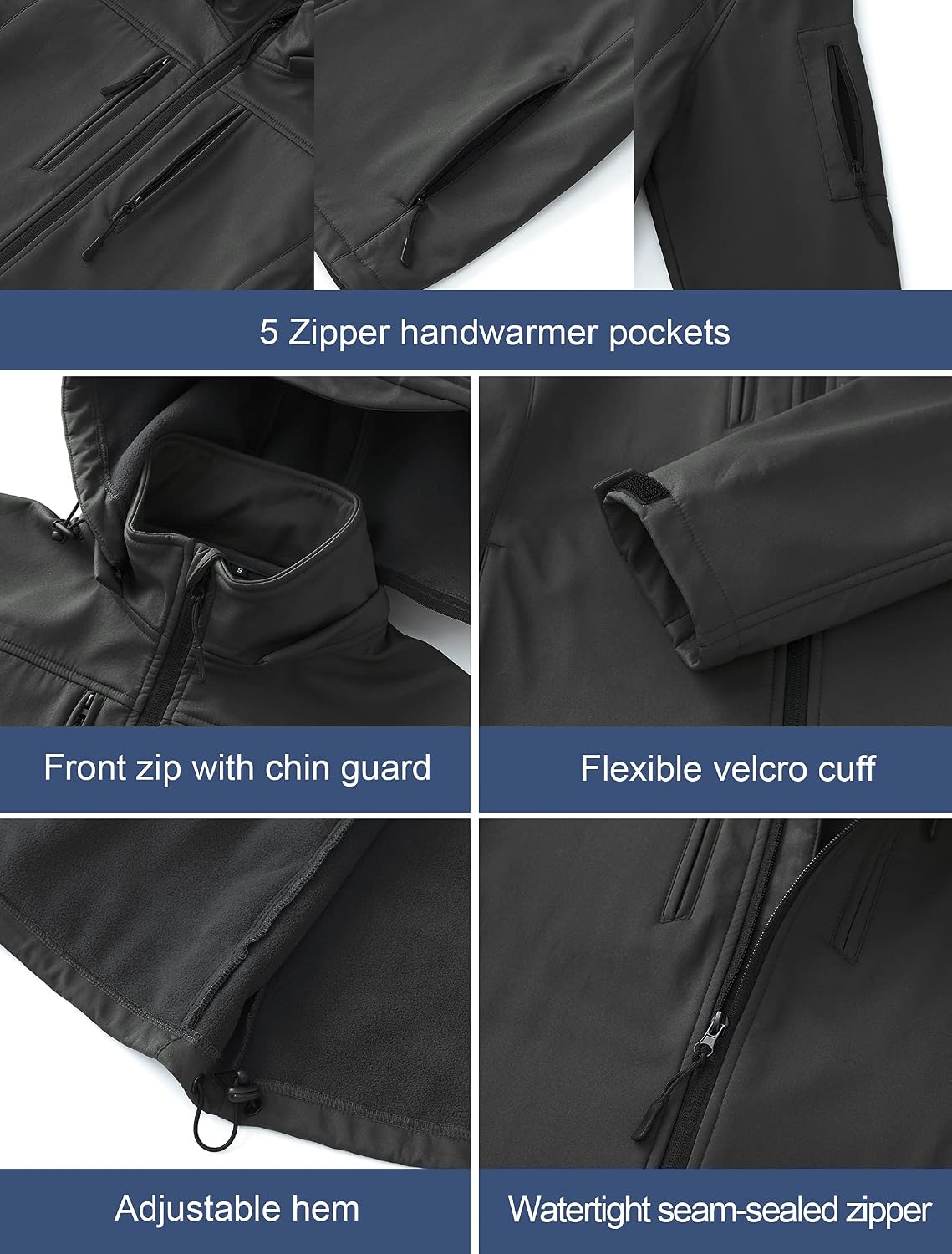 CREATMO US Men's Softshell Military Jacket With Removable Hood, Fleece Lined and Water Repellent Outdoor Reflective Coat