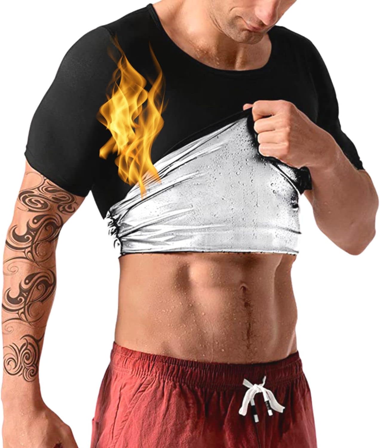 Nano Hertz Sauna Sweat Suit Weight Loss Shapewear Top Shirt Waist Vest Trainer Workout Exercise Fitness Gym Short Sleeves Men