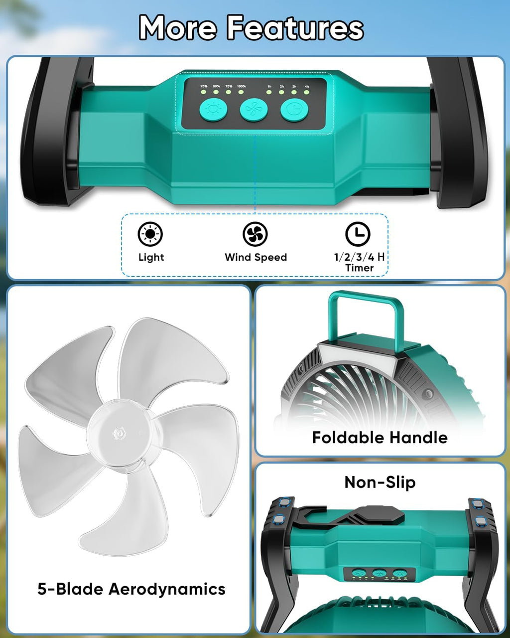 Portable Rechargeable Fan, 20000mAh Battery Powered Camping Fan with LED Light & Hook, 270° Adjustable, 4-Speed, 4H Timer Camping Essentials for Outdoor Tent Travel BBQ Car_Blue