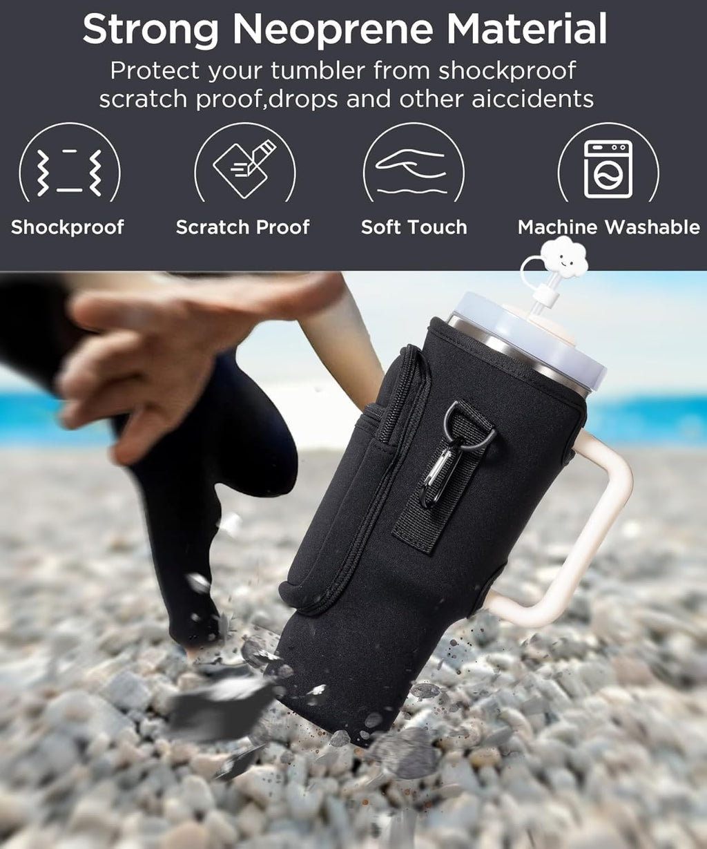 dabria Water Bottle Carrier Bag with Phone Pocket for Stanley 40/30 oz Tumbler Neoprene Water Bottle Holder Pouch with Adjustable Strap Bollus with Straw Cover for Stanley Cup Accessories