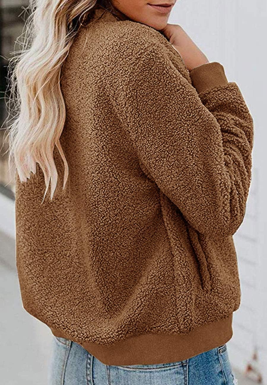 MIROL Women's Fall Fleece Bomber Jacket Trendy Sherpa Winter Coat Fuzzy Casual Long Sleeve Zip Up Loose Fit Jackets