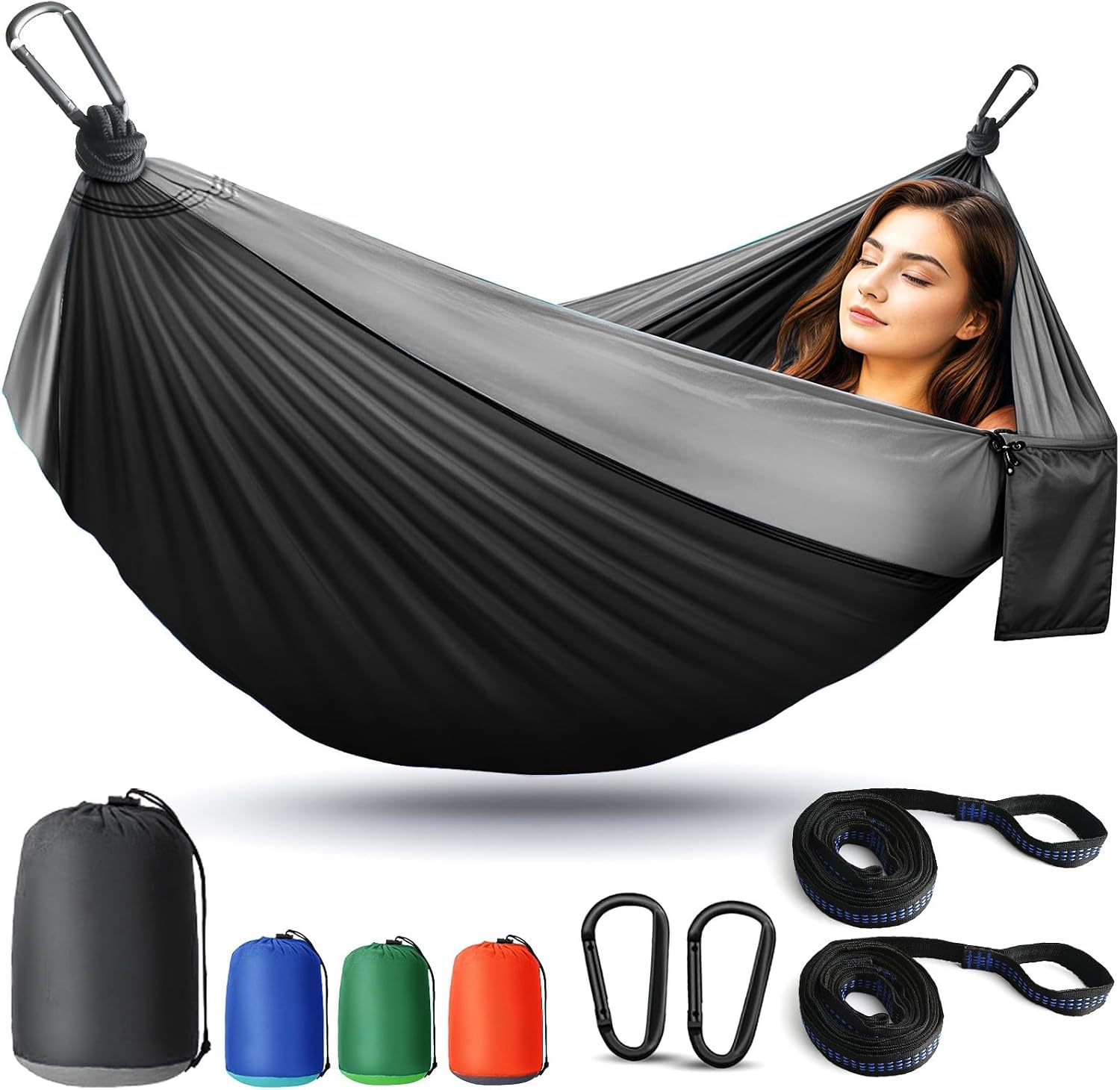 Camping Hammock Lightweight, Portable Hammocks Parachute Hammock with Two Tree Straps, Single or Double Travel Swing Nylon Camp Hammocks, Outdoor Essentials for Beach Backpacking Hiking, Blue