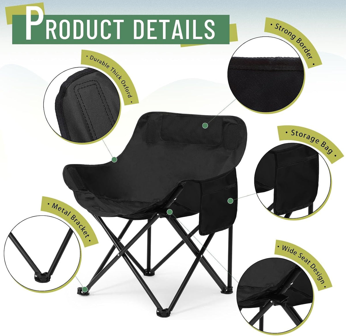 2 Pack Folding Camping Chairs Portable, Black, Green, Solid Color
