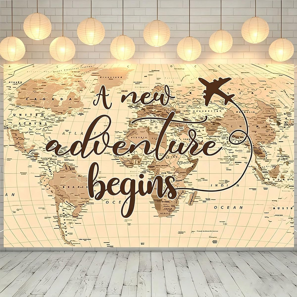 A New Adventure Begins Travel Backdrop Vintage World Map Around World Airplane Birthday Bridal Shower Photography Backdrops Newborn Baby Shower Birthday Party Decoration (7x5feet)