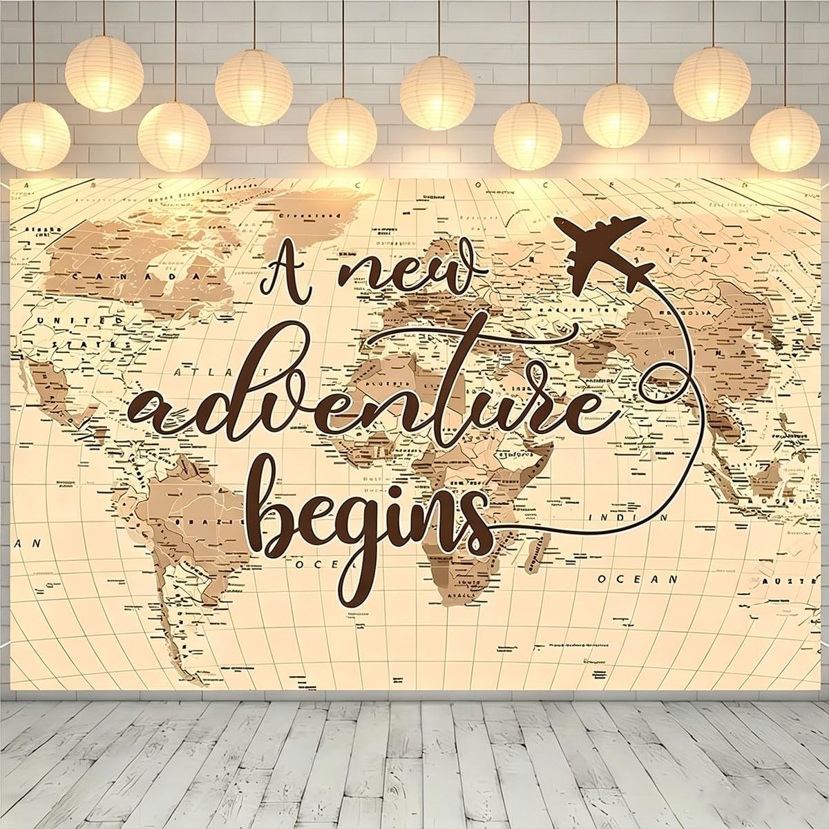 A New Adventure Begins Travel Backdrop Vintage World Map Around World Airplane Birthday Bridal Shower Photography Backdrops Newborn Baby Shower Birthday Party Decoration (7x5feet)