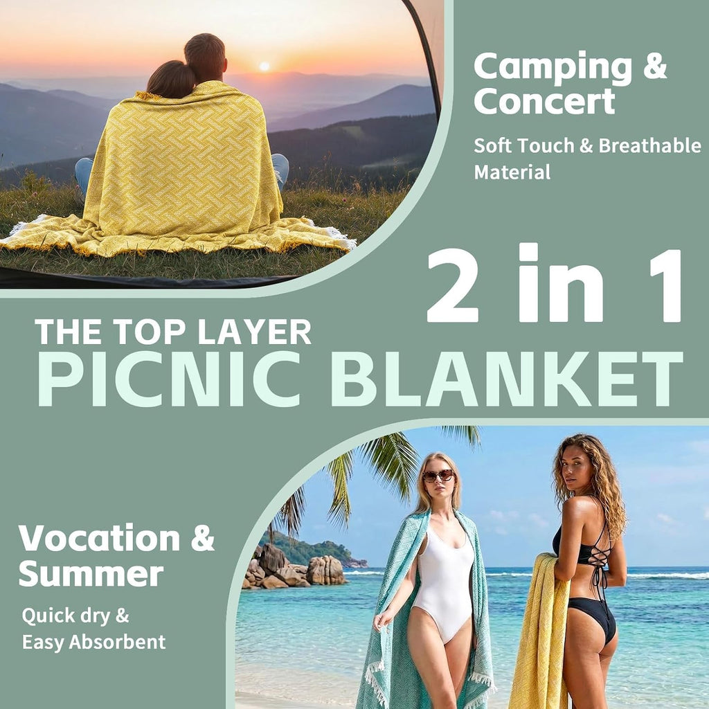 RYCHIC 2 in 1 Extra Large Outdoor Rug Picnic Blanket Camping Mat Lightweight Oversized Giant Turkish Boho Beach Mexican Serape Baja Cobijas Mexicanas para Mesa Park Stadium Outside Grass Hammock