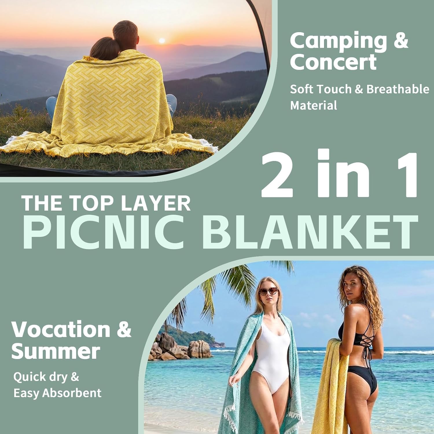 RYCHIC 2 in 1 Extra Large Outdoor Rug Picnic Blanket Camping Mat Lightweight Oversized Giant Turkish Boho Beach Mexican Serape Baja Cobijas Mexicanas para Mesa Park Stadium Outside Grass Hammock