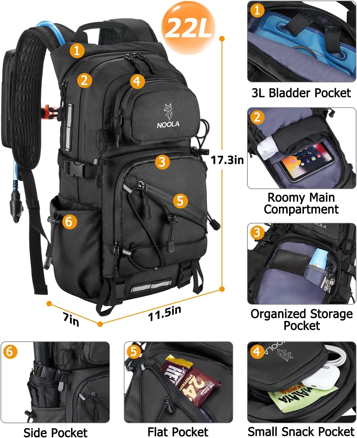 NOOLA 22L Hydration Hiking Backpack with 3L Water Bladder for Women and Men