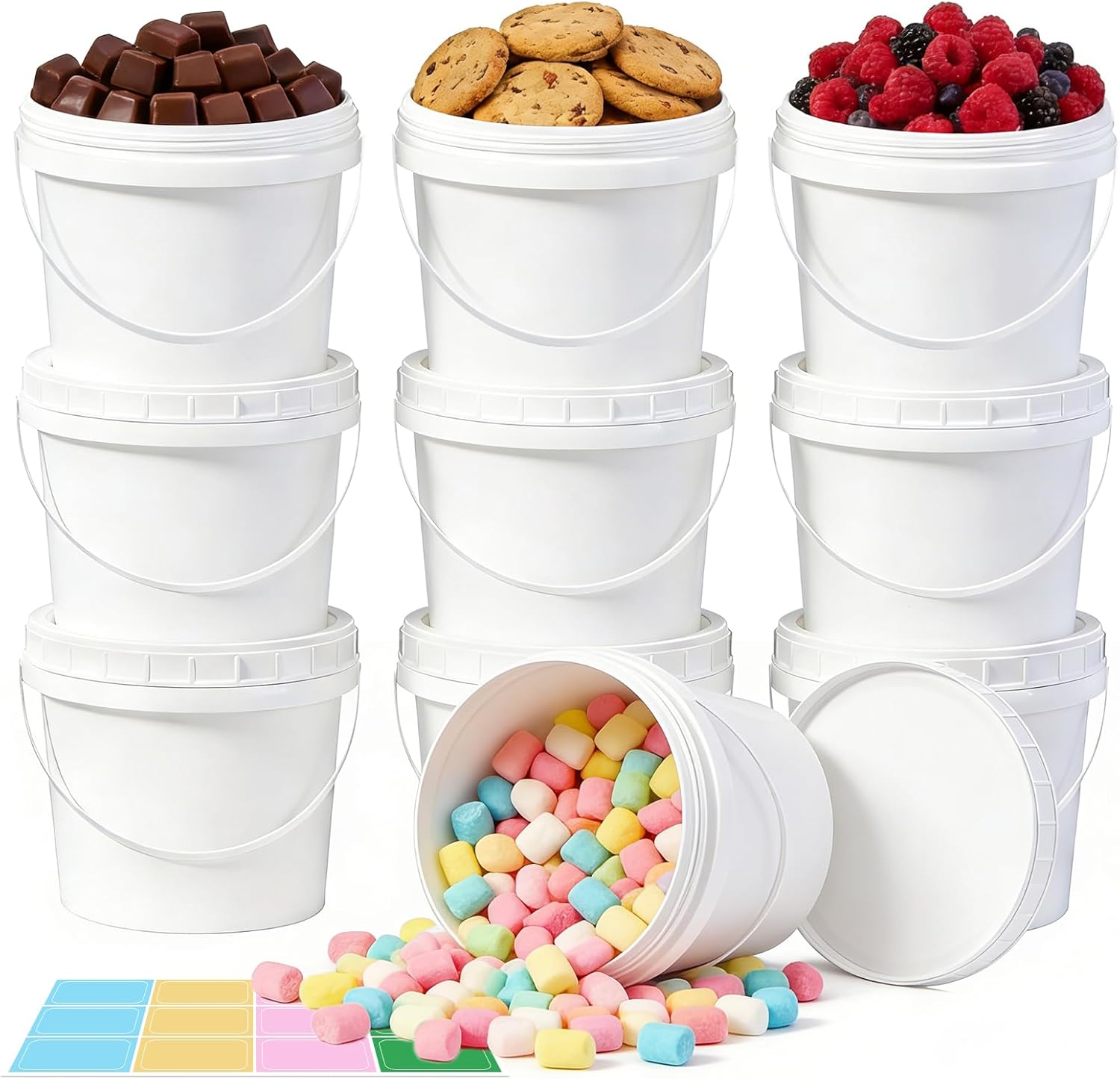 ASEVAT 10 Pack 67OZ/2000ML Airtight White Plastic Bucket with Lid & Handle, Food Grade Reusable Tub - Freezer & Microwave Safe for Ice, Ice Cream, Sauce, Soup & Party