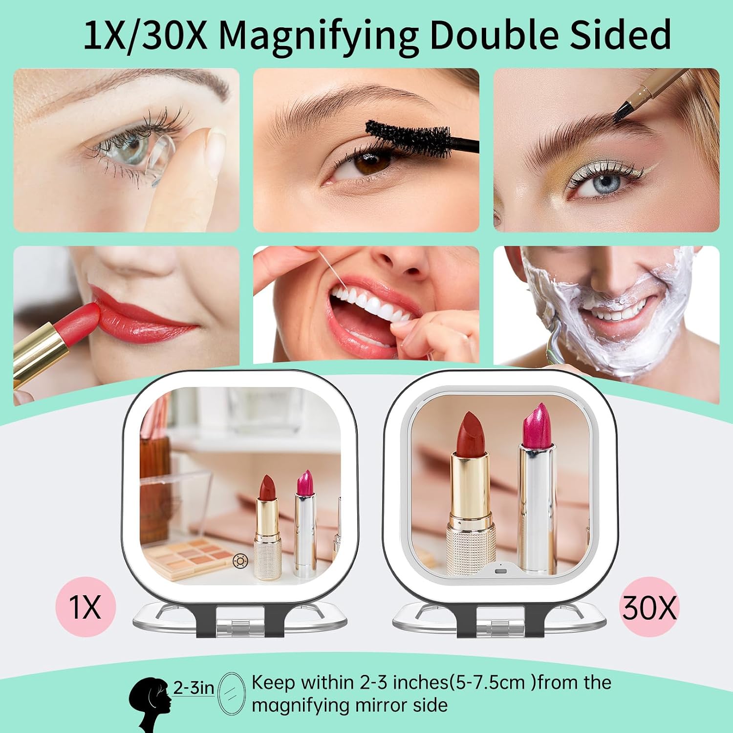 FASCINATE 7" Rechargeable Travel Makeup Mirror 30X Magnification (Black)
