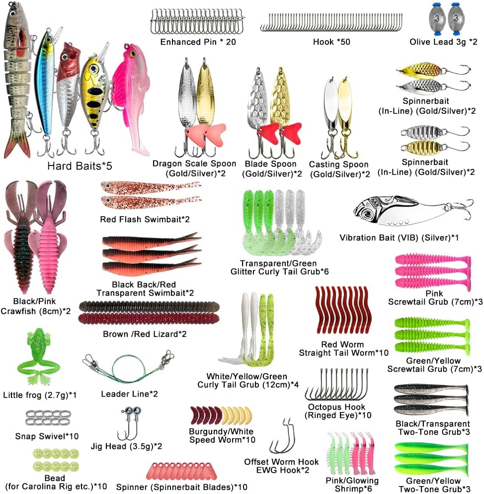 193PCS Fishing Lures Kit with Tackle Box Freshwater Saltwater