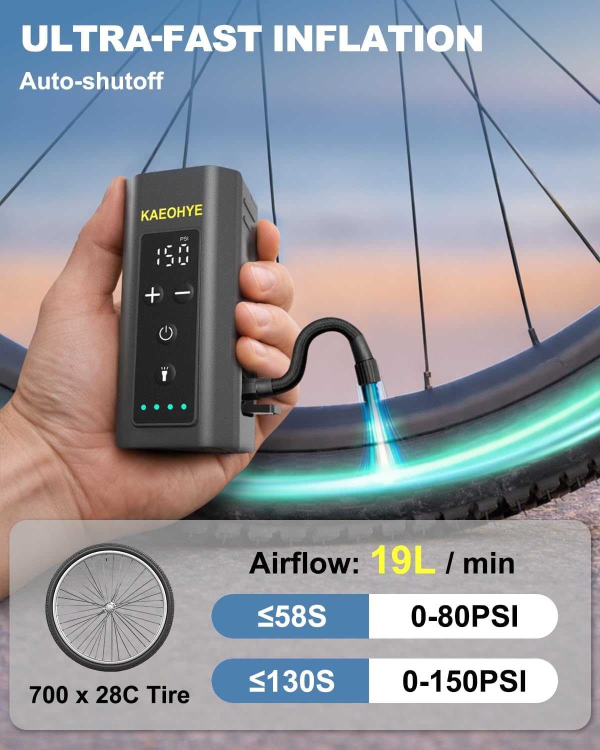 Mini Bike Pump with Bicycle Headlight, 150PSI Portable Electric Bike Air Pump with Presta and Schrader for Road/MTB/E-Bike, Digital Gauge & Auto-Stop