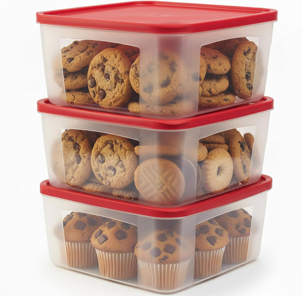 Cookie Storage Containers Airtight - 3-Pack 3.7L Square Plastic Containers With Lids for Baked Goods, Cupcake Storage & Meal Prep - BPA Free, Airtight Flat Reusable Muffin Storage Container