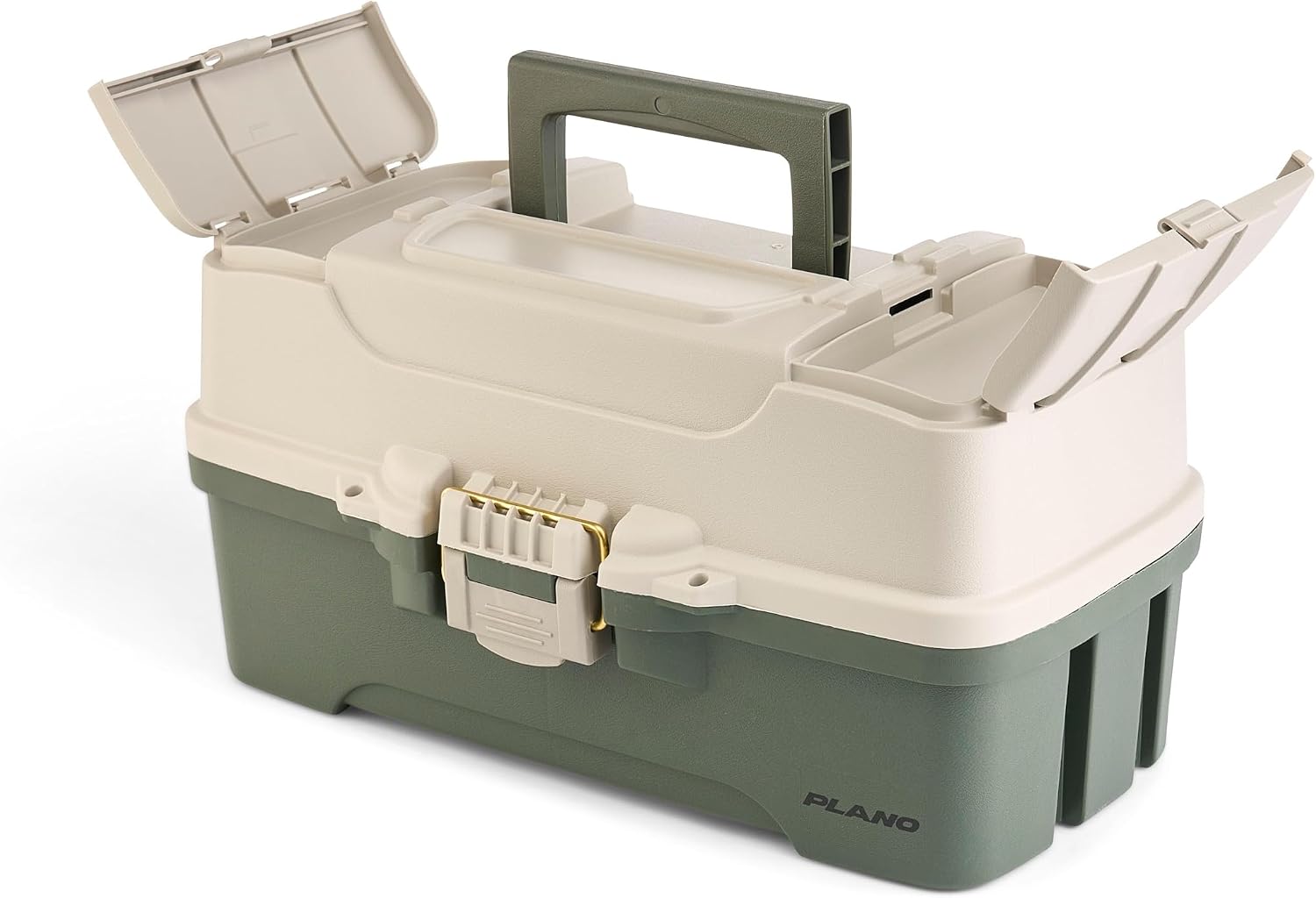 Plano Three-Tray Tackle Box Bass Kit, Tan/Green, Rust-Proof Brass Latch, Top-Access Tray Compartments with Deep Storage, Made in the USA, Portable Fishing Gear Storage Organizer