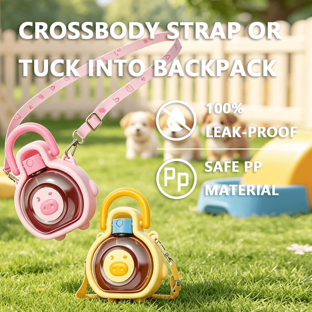 2-in-1 Crossbody Portable Dog Water Bottle with Foldable Bowl Base, 13.5oz, Adjustable Water Flow, Ideal for Small & Medium Dogs on Daily Walks and Pet Trips （Pink）