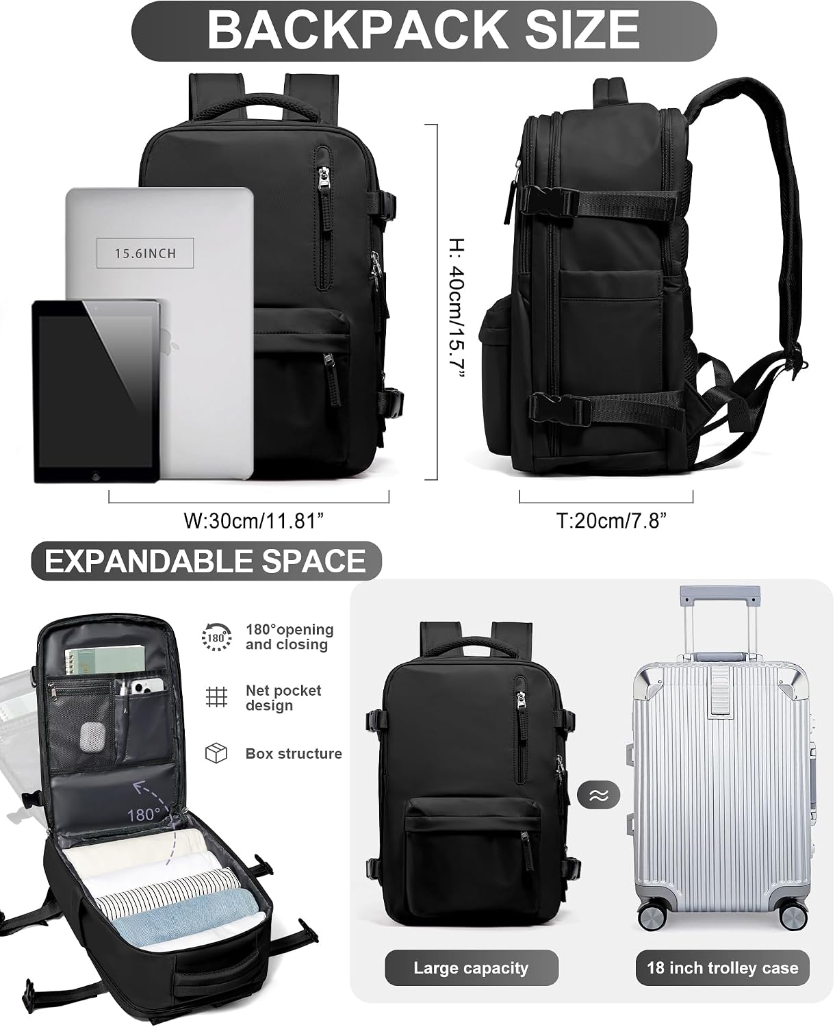 WONHOX Travel Backpack Women,Carry On Backpack Flight Approved 18x14x8 inches Bag Spirit Airlines Personal ltem,College Sports Hiking Rucksack Waterproof Casual Daypack Laptop Blackpack Men,Black