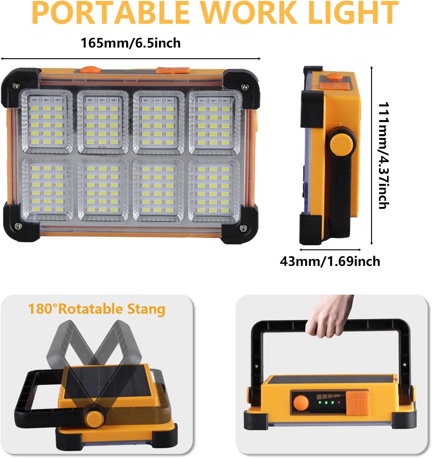 YXQUA 120W Solar Rechargeable Work Light, 144 LED 10000LM, IP65