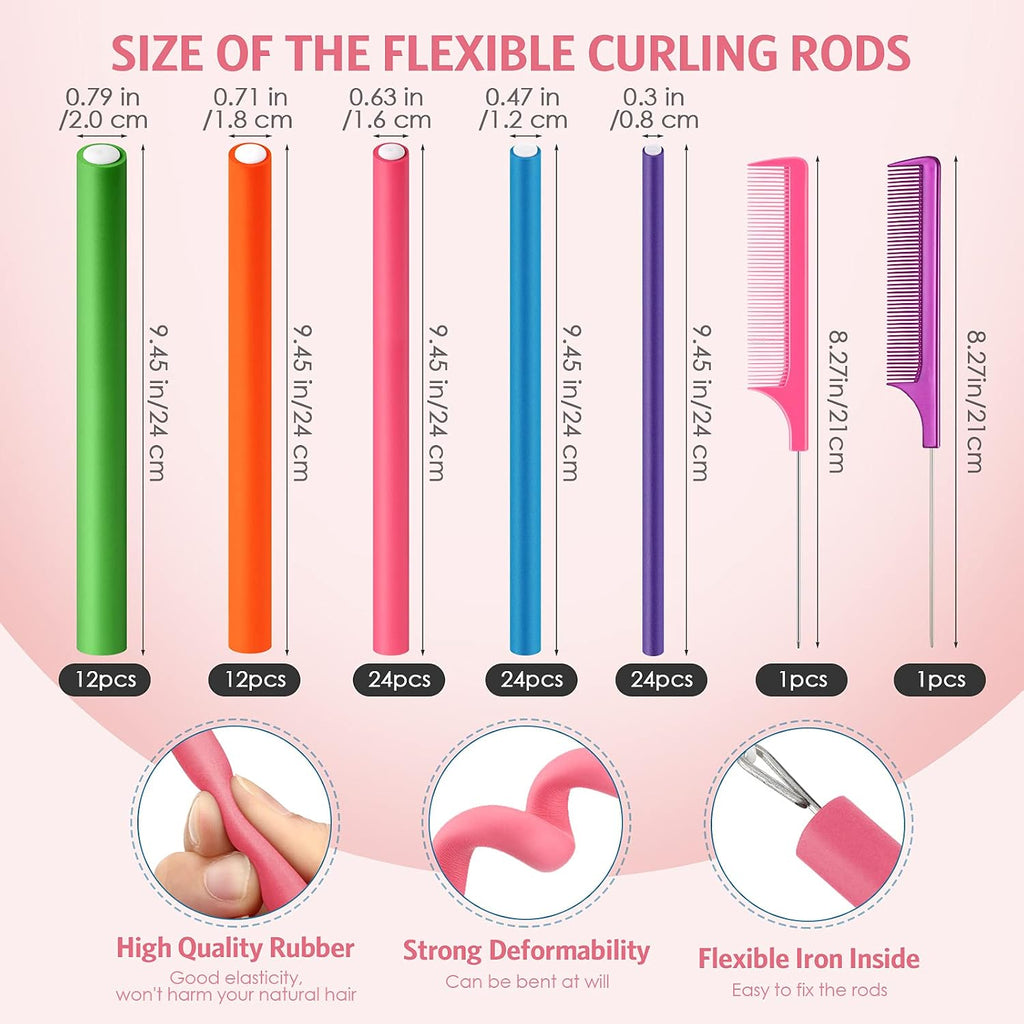 Tigeen 96 Pieces Flexible Curling Rods 9.45 Inch Soft Twist Foam Hair Curling Rollers No Heat Hair Rods Rollers with 2 Pieces Rat Tail Comb(Multi Size,Multi Color)