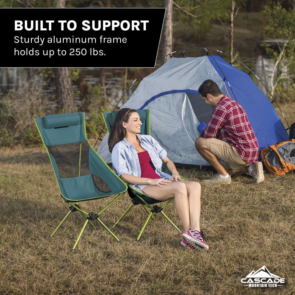Cascade Mountain Tech Outdoor High Back Lightweight Camp Chair with Headrest and Carry Case - Black