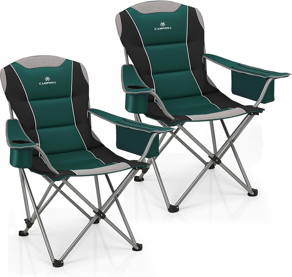 2 Pack Camping Chairs for Adults - Oversized Folding Lawn Chair with Angled Backrest,Heavy Duty 400lbs,Padded Camp Chairs with Cup Holder Side Pocket Cooler Bag for Outdoor,Sports,Beach,Fishing,Green