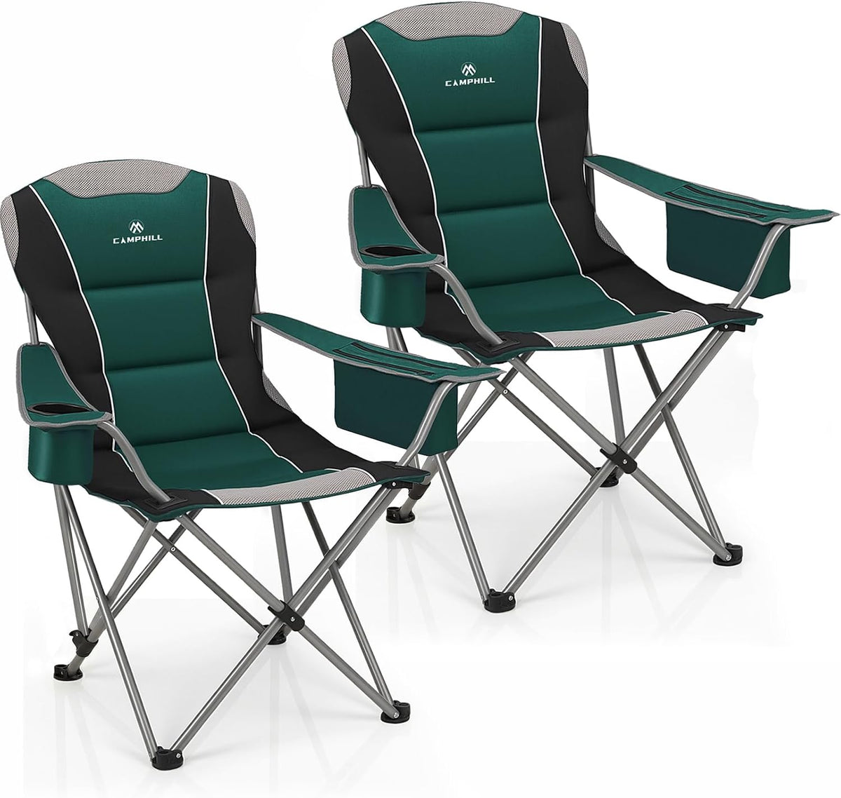 2 Pack Camping Chairs for Adults - Oversized Folding Lawn Chair with Angled Backrest,Heavy Duty 400lbs,Padded Camp Chairs with Cup Holder Side Pocket Cooler Bag for Outdoor,Sports,Beach,Fishing,Green
