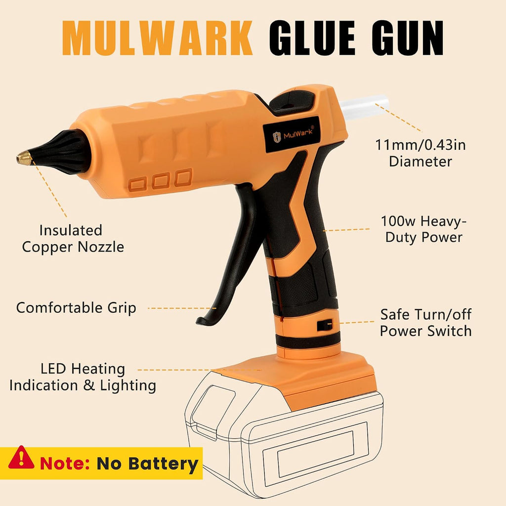 Mulwark Cordless Hot Glue Gun 100W for Milwaukee 18V Battery Handheld Wireless Power Glue Gun Full Size with 30pcs Glue Sticks for Wood, Glass, Home Repair, Arts & Crafts & DIY (battery not included)